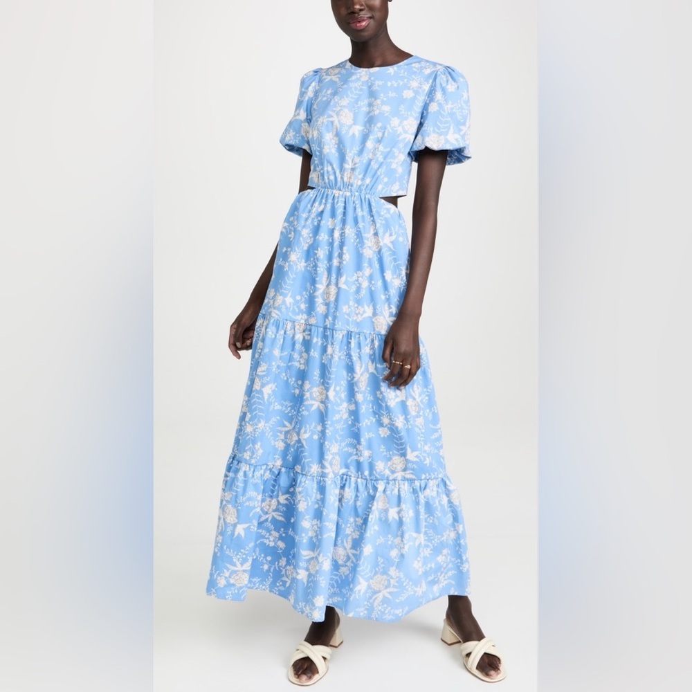 Wayf Plaza Cut-Out Blue Floral Maxi Puffer Sleeve Sun Dress